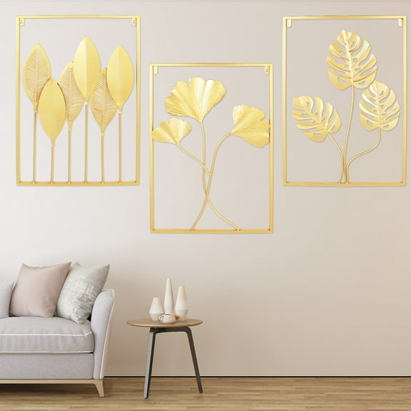 Gold Wall Decor, 3 Pack Gold Metal Wall Art for Living Room, Large Leaf Frame Accent Leaves for Living Room, Bedroom, Office, Study Wall Decor Home