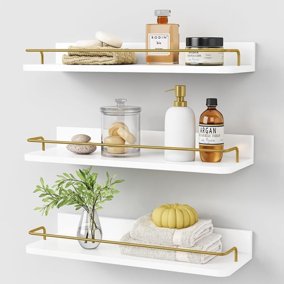 Gold for Wall Decor Set of 3, Bathroom Shelves Over Toilet, Modern Display Wall Shelf with Guard Rail for Living Room Bedroom Organizers and Storage - White and Gold