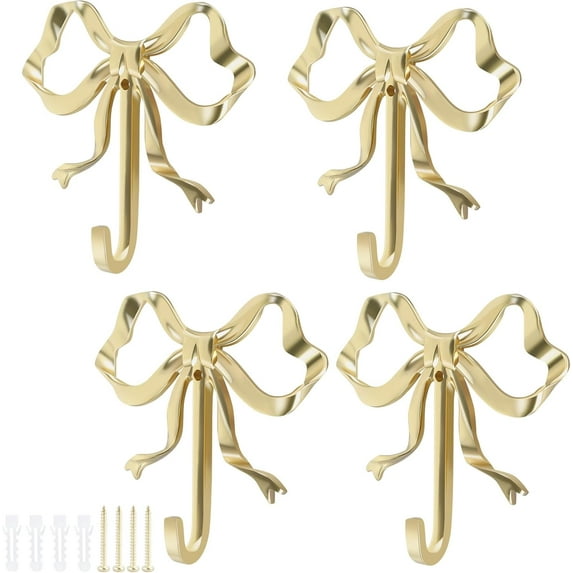 Gold Wall Hook 6 PCS, Coat Hook Bow Knot Hook Hanger for Decor and Hat Towel Clothes Hanging, Multifunctional Brass Hook for Home Use in Bathroom Bedroom Kitchen Living Room (6, L, 3.6 x 3.5 x 0.8 in)