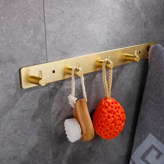 Gold Wall Hooks, Brushed Gold Bathroom Hook Rail, Self Adhesive Key Hook Rack Hanger for Towel Robe Mounted