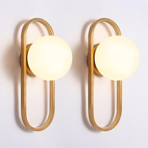 Gold Wall Lamp Sconces Set of 2 with White Glass Shade - Living Room & Bedroom Wall Lights