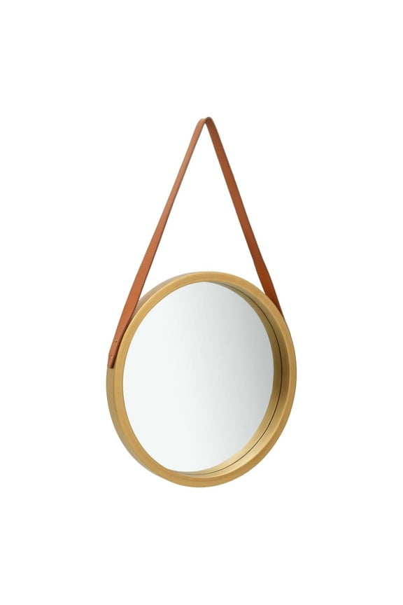 Gold Wall Mirror 16.7 Inch - Round Retro Hanging Mirror with Adjustable Strap - Bedroom, Living Room Decor - Vintage Style Paulownia Wood Frame