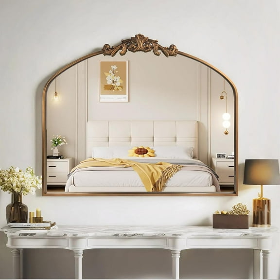 Gold Wall Mirror, Large Arched Vintage Baroque Ornate Mirrors, Traditional Decorative Antique Brass Mirror for Entryway, Living Room, Bedroom, Bathroom Vanity, Fireplace Mantel(Gold,29"x36")