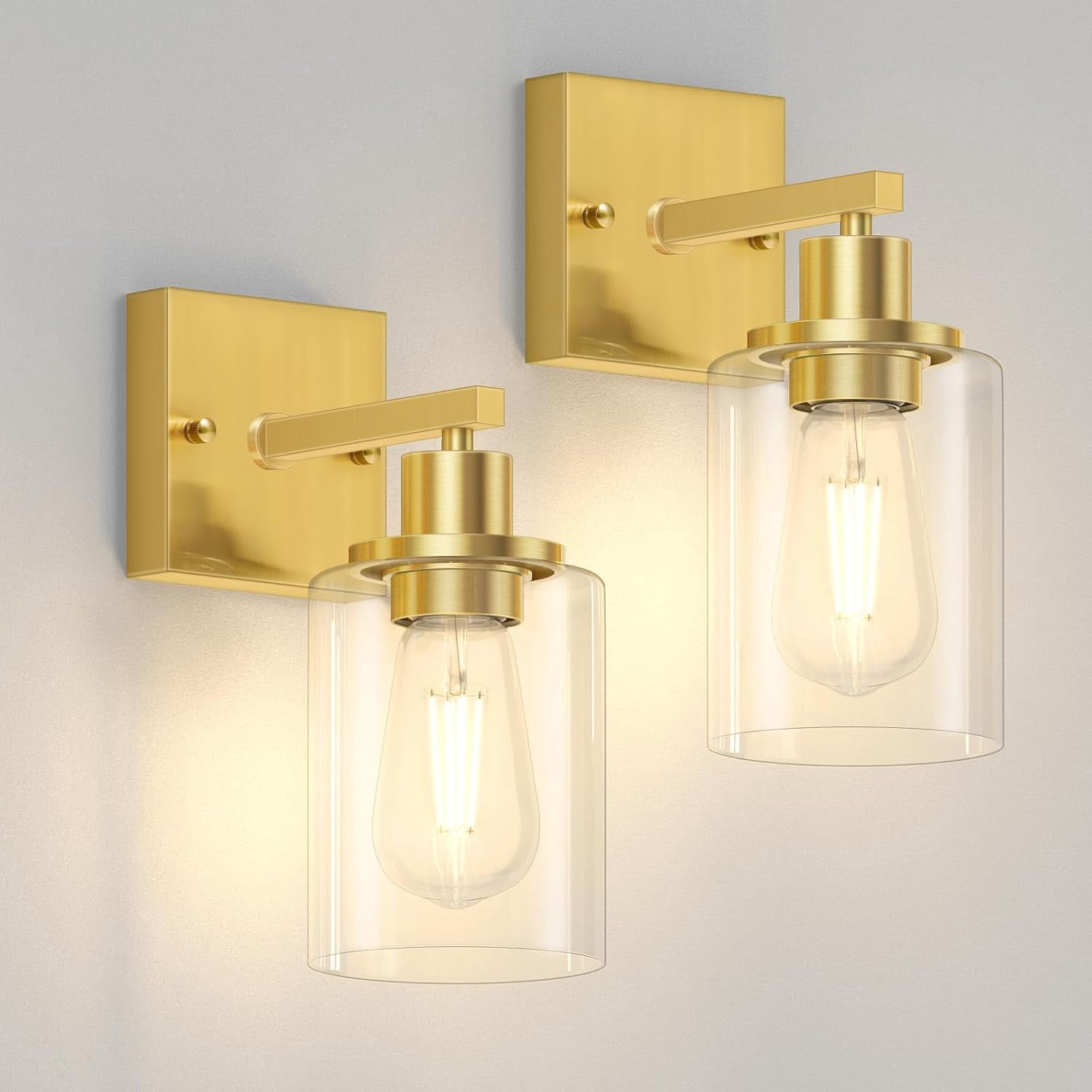 Mid Century Modern 2-Light Wall Sconce - Gold With Milky White Glass Shades, E14 Bulbs