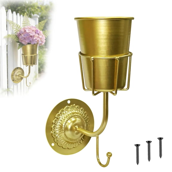 Gold Wall Vase with Hook, Gold Flower Holders Wall Mount, Vintage Brass WallHanging Container Vase, Metal Wall PlanterGold, Vintage Brass Decor for Living Room, Entryway & Wedding