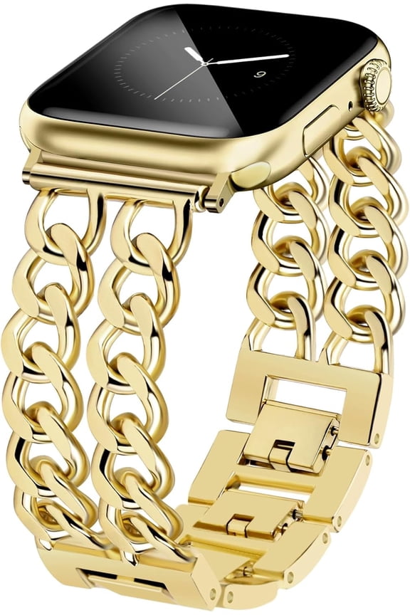 Gold Watch Bands for Women Compatible with Apple Watch Band 38mm 40mm 41mm 42mm (S10) Adjustable Metal Band Cowboy Steel Chain Bracelet for iWatch Ser