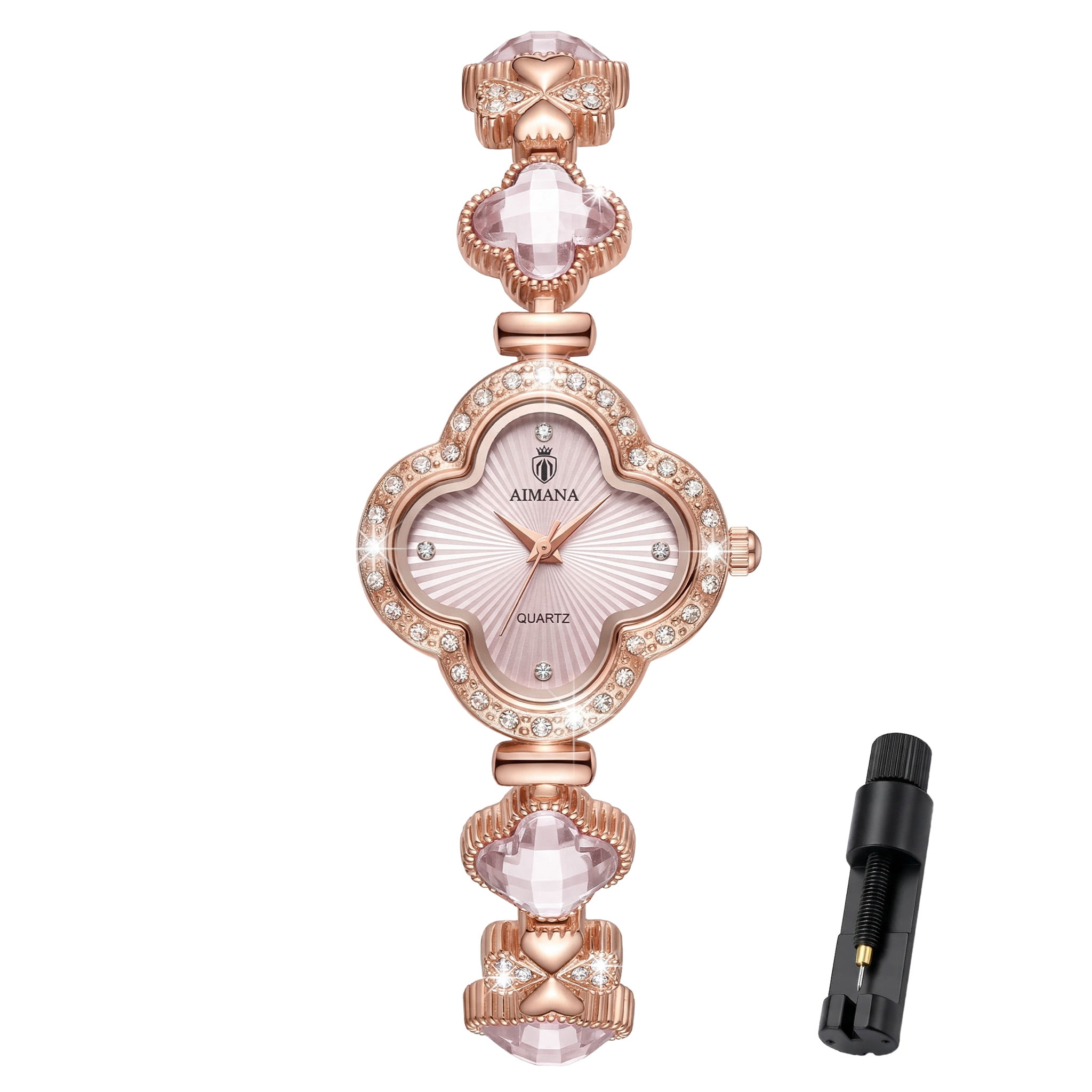 Gold Watches for Women, Rose Gold Tone Bracelet Watch for Ladies Jewelry, Vintage Leaf Clover Shaped Dial, Small Analog Quartz, Adjustment Tool Included