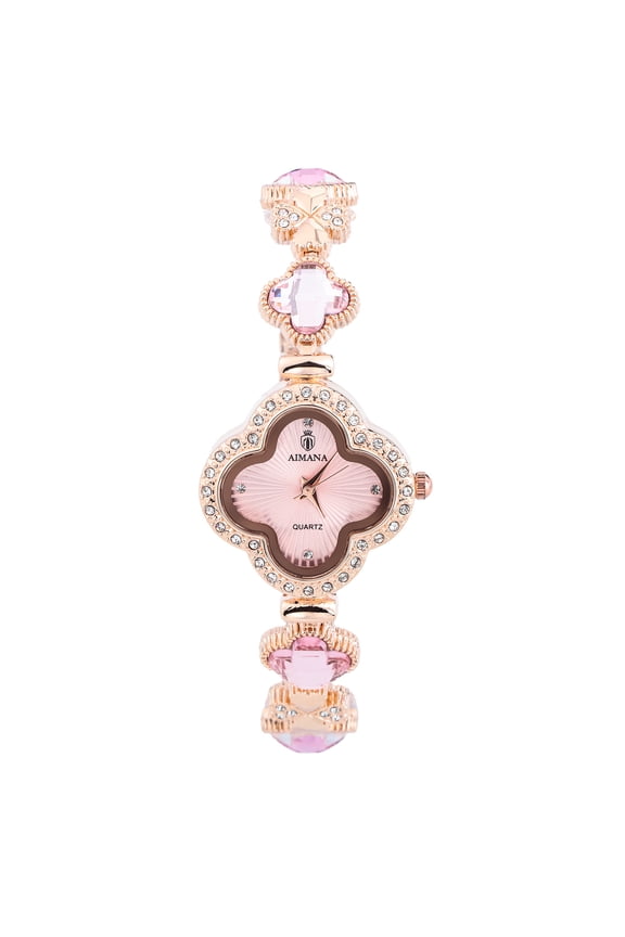 Gold Watches for Women, Rose Gold Tone Bracelet Watch for Ladies Jewelry, Vintage Leaf Clover Shaped Dial, Small Analog Quartz, Adjustment Tool Included