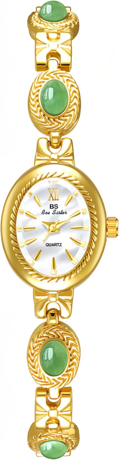 Gold Watches for Women with Small Vintage Bracelet Elegant Jade Oval Dial Dress Watch Fashion Quartz Wrist Watch Waterproof Watch