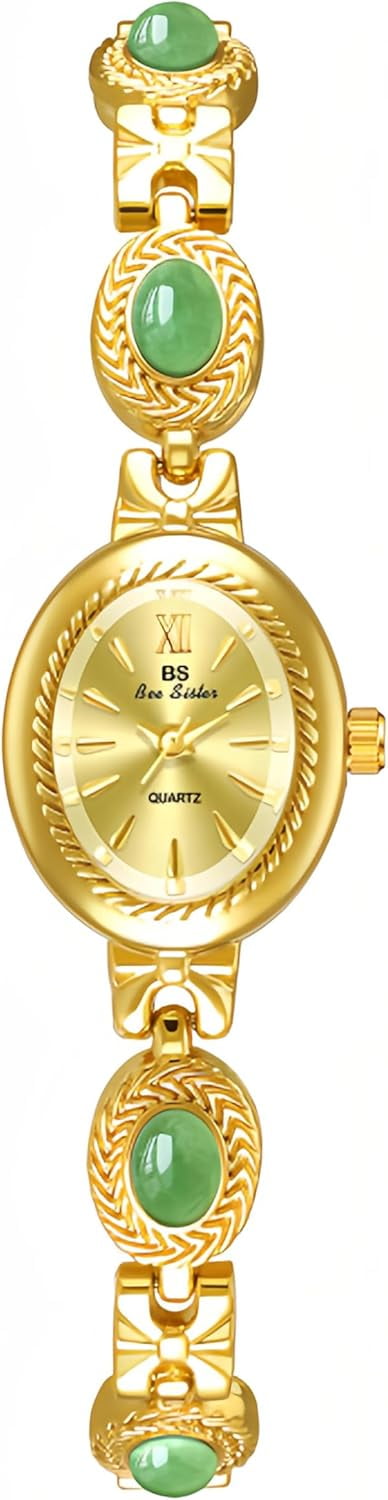 Gold Watches for Women with Small Vintage Bracelet Elegant Jade Oval Dial Dress Watch Fashion Quartz Wrist Watch Waterproof Watch