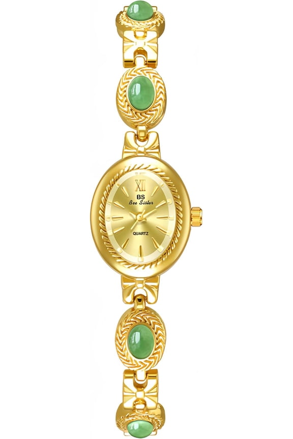 Gold Watches for Women with Small Vintage Bracelet Elegant Jade Oval Dial Dress Watch Fashion Quartz Wrist Watch Waterproof Watch