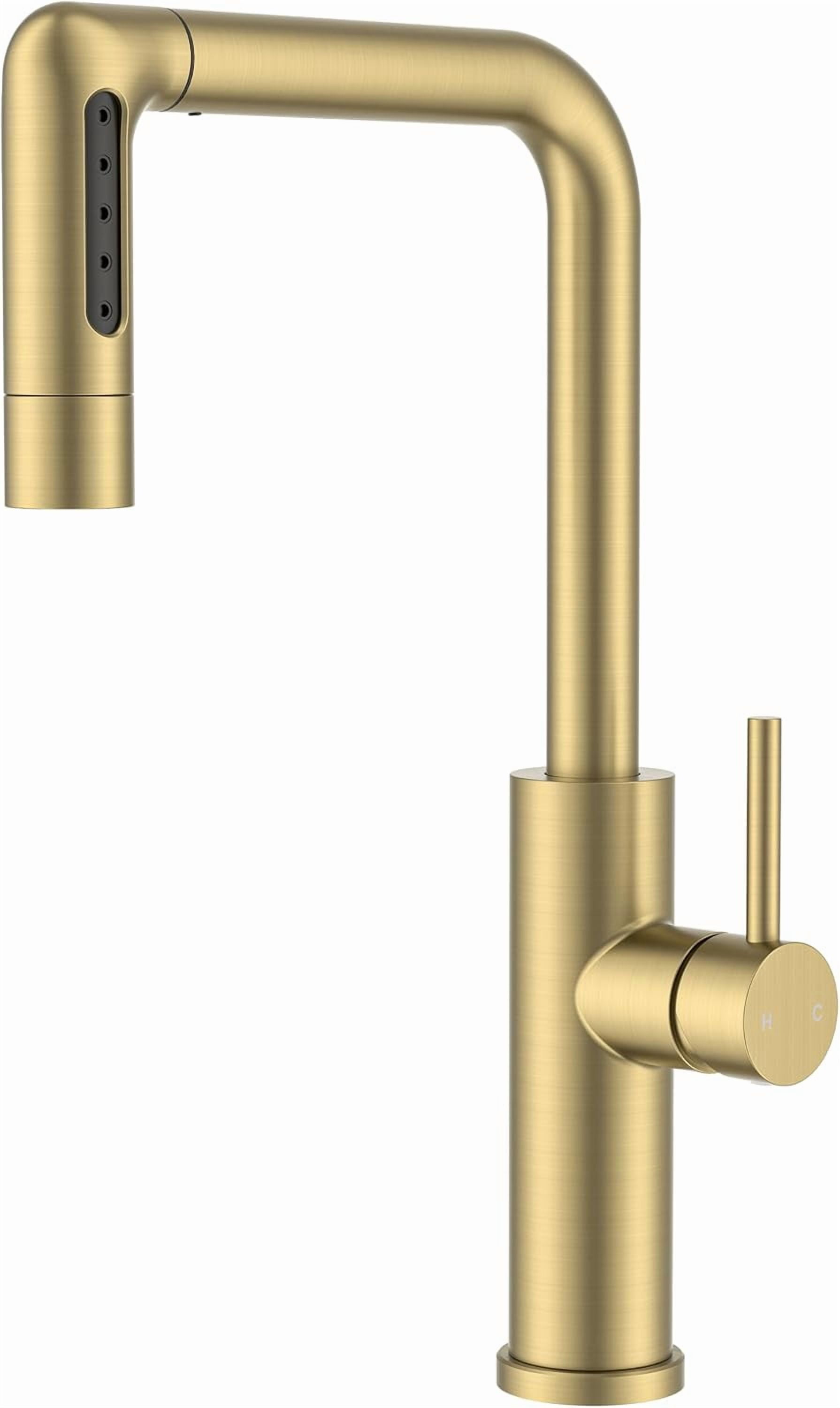 Gold Waterfall Kitchen Faucet with Pull Down Sprayer, 5 Spout Mode Stainless Steel Single Handle 360° Swivel Classic Kitchen Sink Faucet with Deck Plate for 1 or 3 Hole for Bar Rv