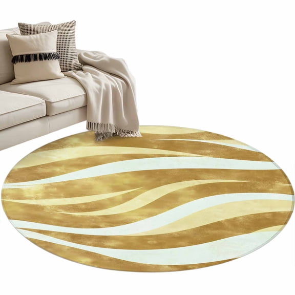 Gold Wave Area Rug, Abstract Washable Large Circle Carpet, Non Slip Round Rug for Living Room/Bedroom/Dining Room/Home Office/Dorm
