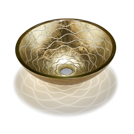 Gold Wave-Patterned Art Glass Vessel Sink with Pop-Up Drain – Handcrafted Luxe Design, Ideal for Bathroom Vanity Upgrades | Model LAV-FWS108