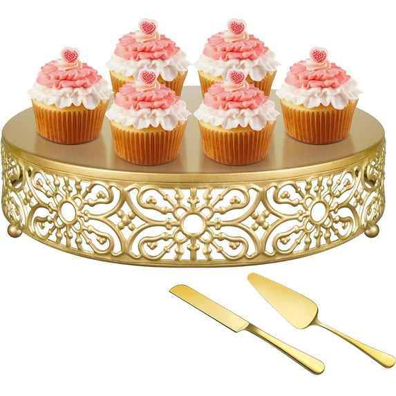 Gold Wedding Cake Stand 16 Inch, Metal Round Dessert Display Cupcake Stands for Celebration, Birthday, Party, Decor (with Cake Knife and Server Set)