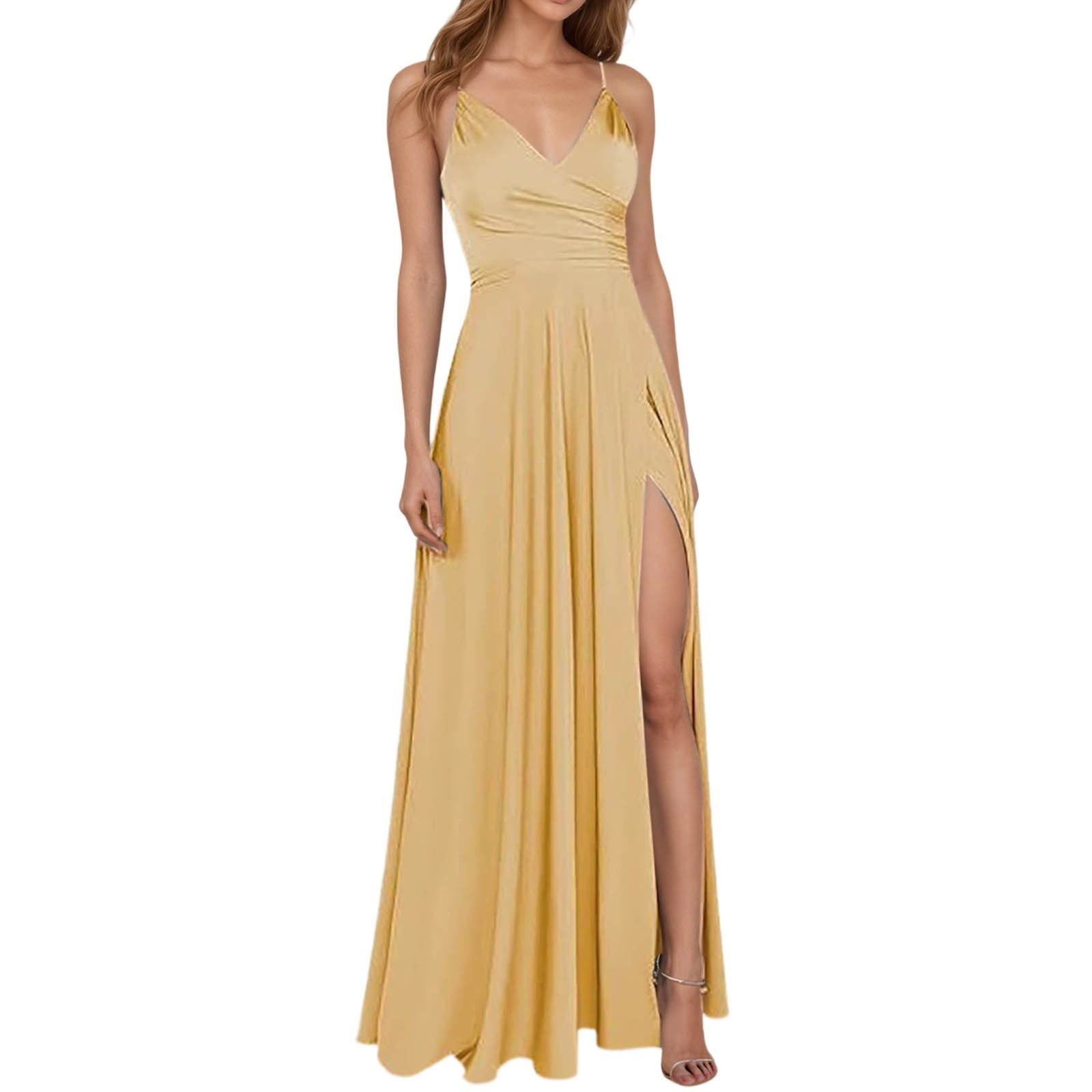 Gold Wedding Guest Dress Elegant Formal Evening Gown Deep Thigh High ...