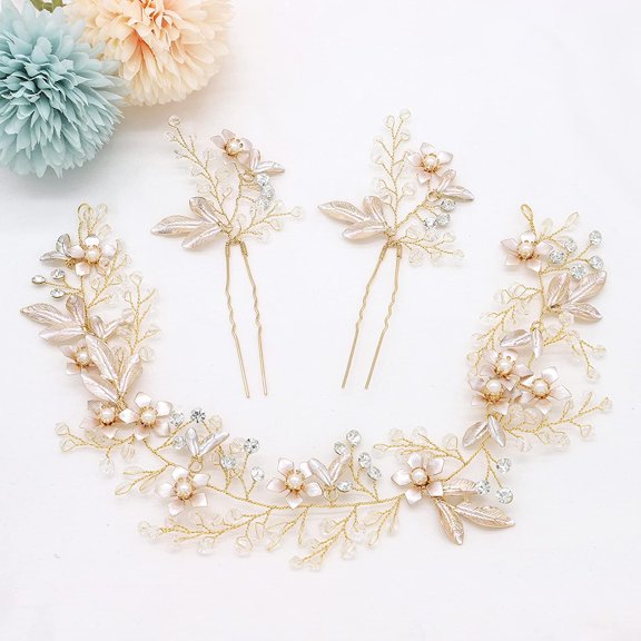 Gold Wedding Headband Hair Pins Set Bridal Headpieces For Bride