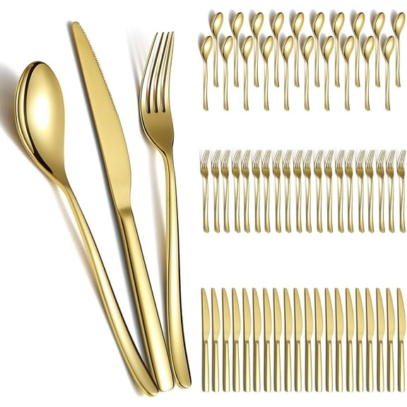 Gold Wedding Silverware Set 60pcs Service, Titanium Plating Stainless Steel Flatware Set, Gold Spoons Forks Knives Set for Home, Wedding, Restaurant, Dishwasher Safe