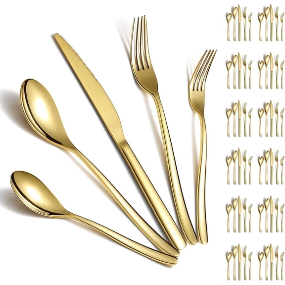 Gold Wedding Silverware Set 60pcs Service, Titanium Plating Stainless Steel Flatware Set, Gold Spoons Forks Knives Set for Home, Wedding, Restaurant, Dishwasher Safe