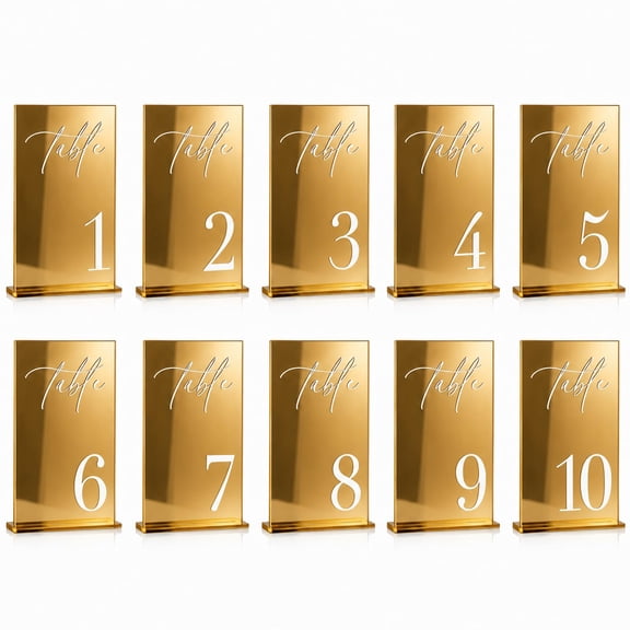 Gold Wedding Table Numbers 1-10 with Stands, 5"x7" Gold Mirror Acrylic Table Numbers, Perfect for Wedding Reception, Party, Anniversary, Event