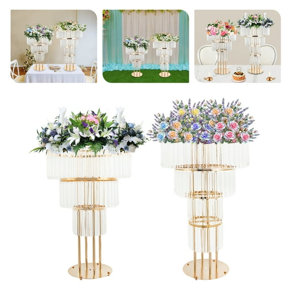 Gold Wedding Gold Vases Centerpieces Crystal Flower Stand with Hanging Crystals 3 Tier Round Chandelier Pedestal Stand for Party Tables Decorations Wedding Crystal Centerpieces Stand 19.69*35.43in