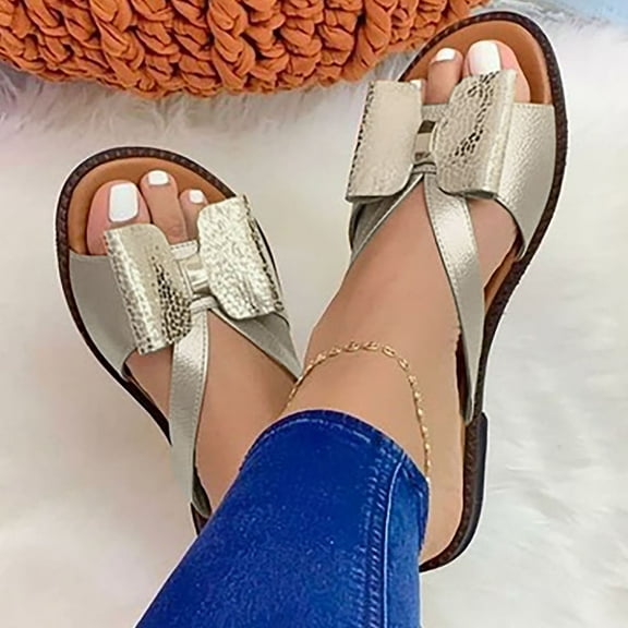 Gold Wedge Flip Flops for Women Stretch Orthotic Slide Sandals Sandals Woven Beach Wedge Slippers Bow Shoes Size 5.5