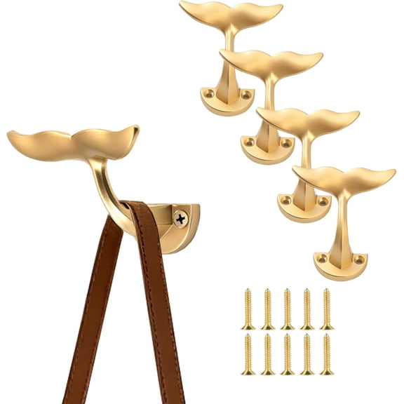 Gold Whale Tail Wall Hooks (Set of 5), Heavy Duty, Wall Mounted, Decorative Wall Hooks Used for Hanging Coats, Towel, Robe, Wardrobe/Bathrooms, Ocean Nautical Home Decoration