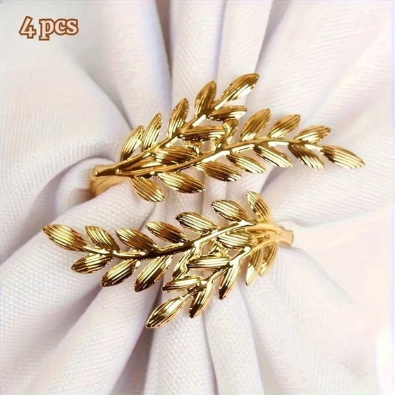 Gold Wheat Ear Napkin Rings Set of 4, Leaf Design for Wedding Thanksgiving Table Decor