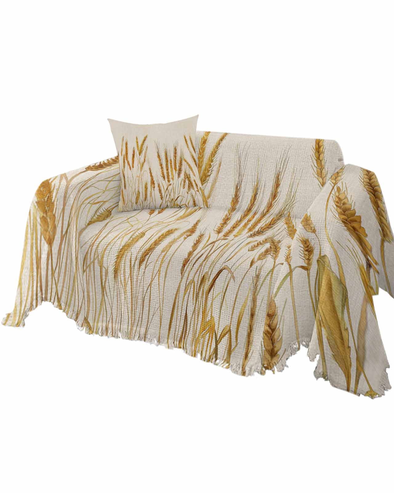 Gold Wheat Sofa Couch Covers for Dog,Washable Sofa Throw Cover Single Slipcoverfor Armchair with Tassels,Farmhouse Vintage Summer Autumn Crops Couch Protector Towel Blanket Medium 71''x91''