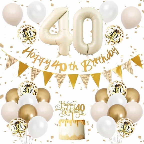 Gold White Beige 40th Birthday Party Decorations Set Number 40 Balloons Round Confetti Balloons Happy 40th Birthday Hanging Garlands Gold Cake Toppers Triangle Flags Banner 40 Backdrops Supplies
