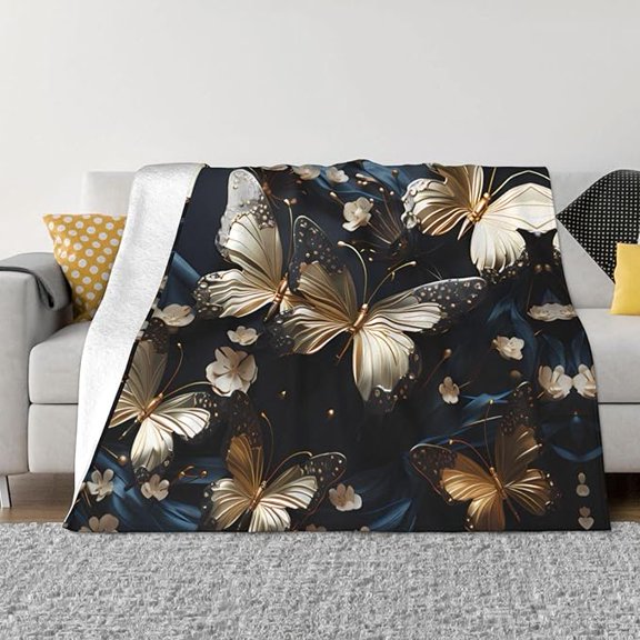 Gold White Butterflies Black Plush Blanket For Sofa Or Bed, Made Of Anti-Pilling Flannel, Comfortable And Warm, Skin-Friendly And Breathable, Wrinkle-Free Blanket 30" x 40"