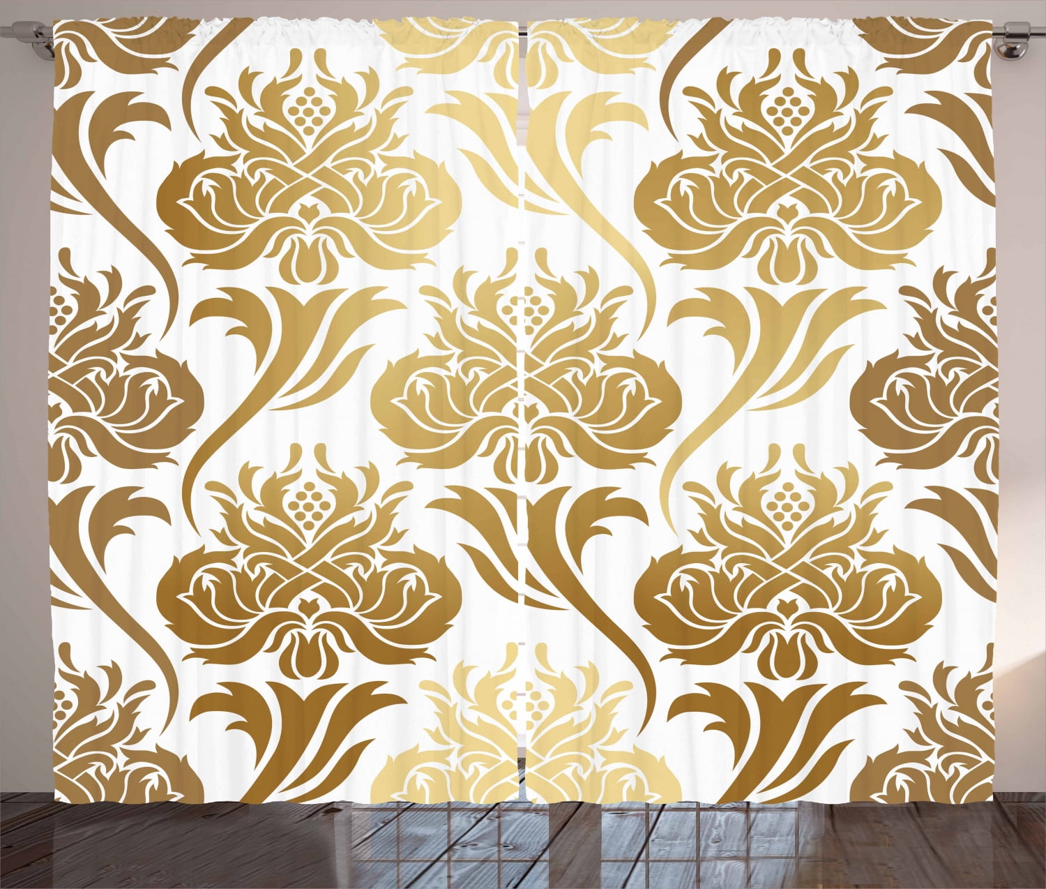 White and Gold Polyester Light-Filtering Rod Pocket Curtain Panels
