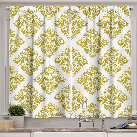 Gold and White Curtains 2 Panels Set, Traditional Floral Damask Victorian Design in Rectangular Shape Image Print, Window Drapes for Living Room Bedroom, 55W X 39L Inches, Gold White, by Ambesonne