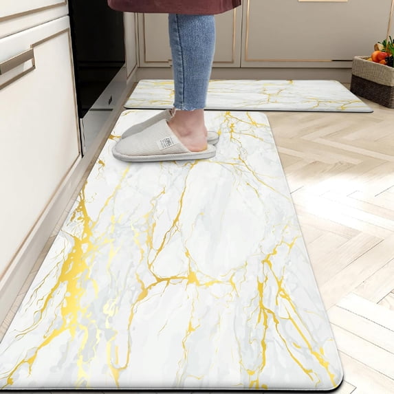 Gold and White Cushioned Anti Fatigue Kitchen Mat 2 Pieces Set Marble Comfort Standing Kitchen Mats for Floor Non Slip Waterproof PVC Kitchen Rugs for Sink, Laundry, Office, 17.3x 28+17.3 x 47