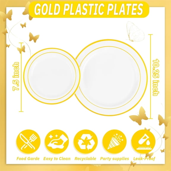 Gold & White Disposable Plates, 120pcs — 10.25" Dinner Plates & 7.5" Salad Plates, Ideal for Thanksgiving, Wedding Receptions & Party Events