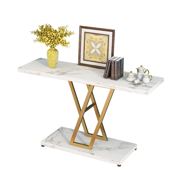 Gold & White Faux Marble Console Table, V-Shaped Metal Legs Narrow Entryway Sofa Table