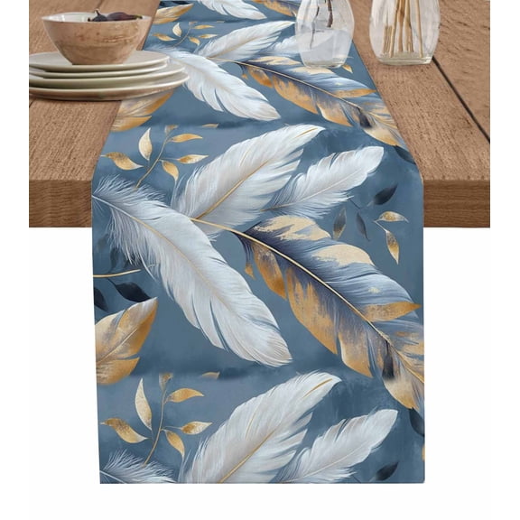 Gold White Feather Burlap Cotton Table Runner 16x72 Inches Long, Modern Spring Blue Leaf Oil Painting Farmhouse Table Runners, Outdoor Dining Tablecloths Decor for Baby Shower/Party/Wedding