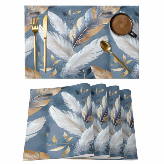 Gold White Feather Placemats Set of 2,Cotton Linen Fabric Place Mats,Modern Spring Blue Leaf Oil Painting Washable Decorative Table Mats Protector for Home Kitchen Dining Wedding Party Coffee Tables