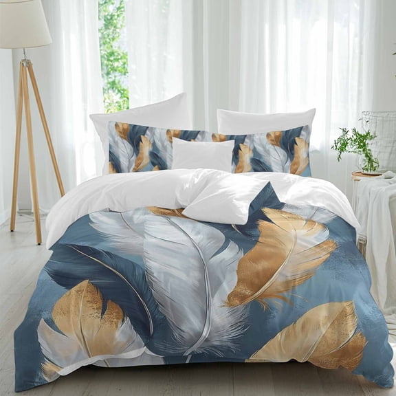 Gold White Feather Queen Duvet Cover Set, Blue Style Oil Painting Simple Abstract 4 Piece Microfiber Bedding Set with Zipper Closure, Bed Sheet and 2 Pillow Shams, Soft Bedding Cover