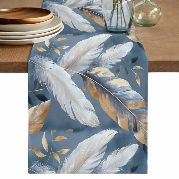 Gold White Feather Table Runner, Modern Spring Blue Leaf Oil Painting Washable Cotton Linen Table Runners 48 Inches Long, Dresser Scarf Runner for Nightstand/Coffee/End Tables 13''x48''