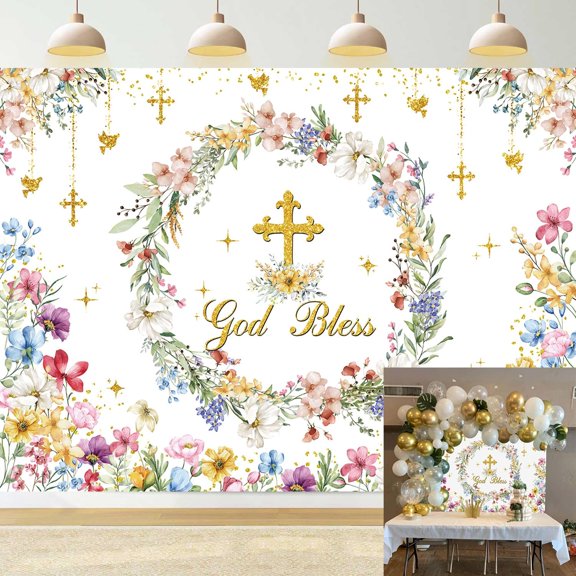 Gold and White God Bless Pretty Backdrop First Holy Communion Baptism Background Cross Baby Shower Party Decorations Colorful Leaves Newborn Baby Shower Photography Banner Props