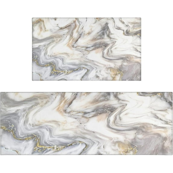 Gold White Gray Kitchen Rugs and Mats Set of 2, Anti-Slip Washable Kitchen Mats, Marble Kitchen Runner Mat for Kitchen, Dining Room, Flooring, Home, Office, Sink, Laundry Room, 17x30+17x47 Inch