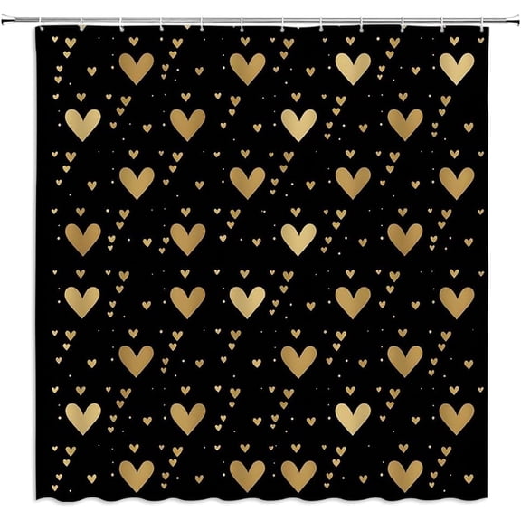 Gold and White Heart Shower Curtain Valentine''s Day Sweet Romantic Love Theme Couple Wedding Marriage Girly Women Modern Bathroom Decor Polyester Fabric Curtains with Hook 70Wx70H Inches