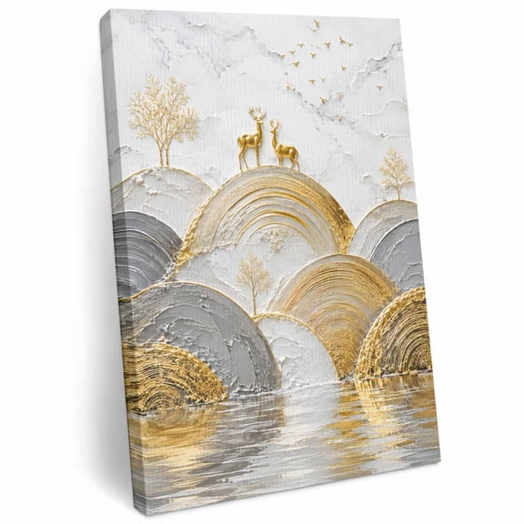Gold White Hills Canvas Wall Art Framed Wall Decor for Living Room Bedroom Bathroom, Modern Minimalist Abstract Deer River Tree Birds Canvas Pictures Ready to Hang Decor, 8"x10"