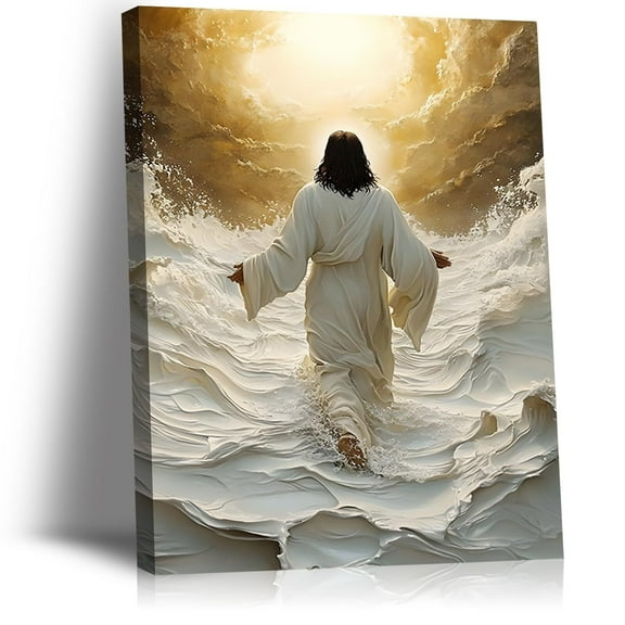 Gold and White Jesus Walking on Water Canvas poster  Wall Art Christian Religious Poster Picture Christ Painting Decor Modern God Art Prints for Living Room Bedroom Church