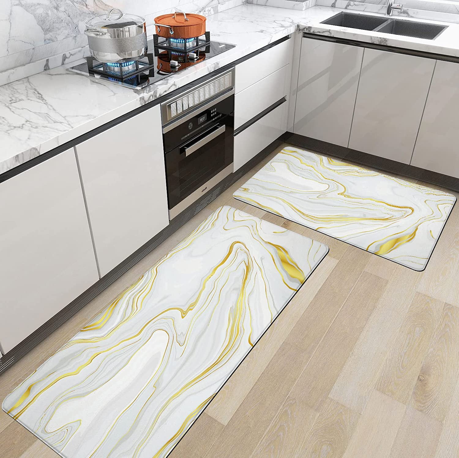Gold and White Kitchen Rugs 2 Pcs Cushioned Anti Fatigue Marble Kitchen ...
