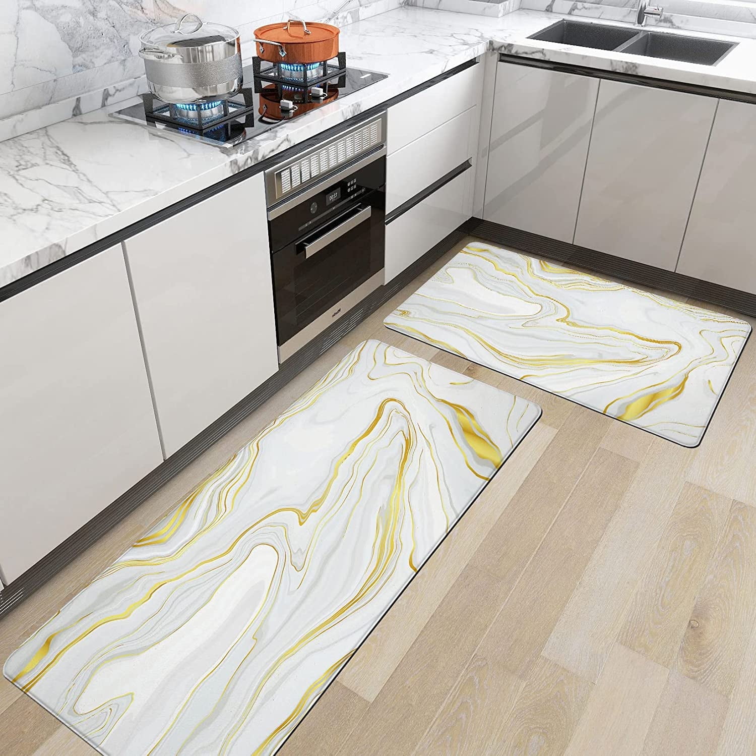 Thideape Gold and White Kitchen Rugs, Marble Pattern, Cushioned Anti ...