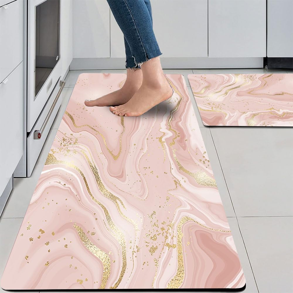 Gold White Kitchen Rugs Cushioned Anti Fatigue 2 PCS Marble Kitchen ...