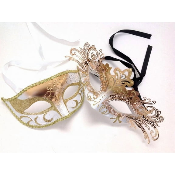 Gold White Laser cut Masquerade Ball Mask Pair Dance Prom Burlesque Graduation Dance Halloween Cosplay Dress up Party