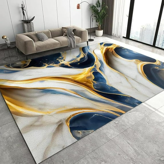 Gold And White Marble Area Rug, European Luxury Agate Texture Rugs For Living Room, Machine Washable Carpet, With Non-Slip Backing Indoor Rug For Bedroom Dining Room 1x2ft